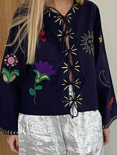Street Style Embroidered Drawstring Collar Shirt Jacket