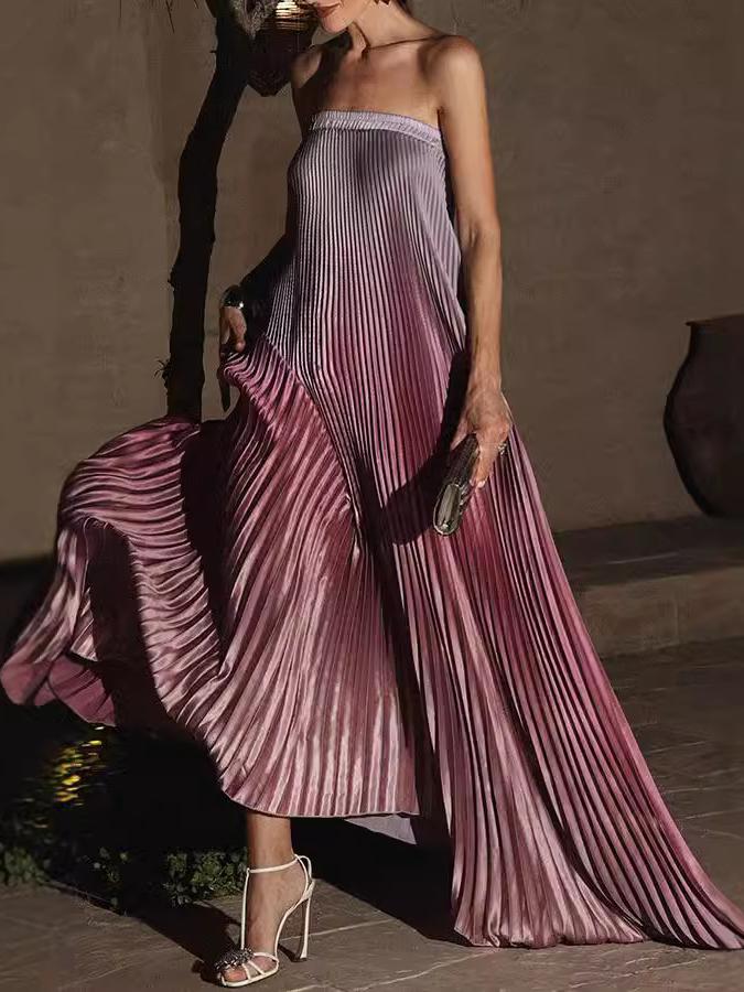 Gradient Strapless Pleated Sleeveless Dress