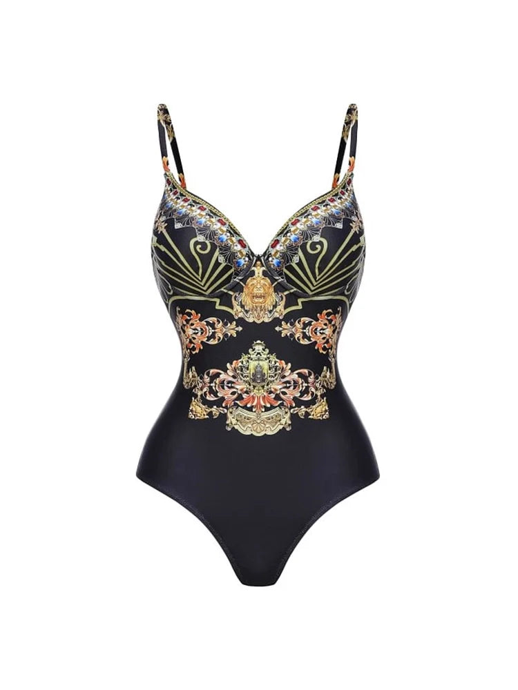 Black Gold Print Strappy One Piece Swimsuit