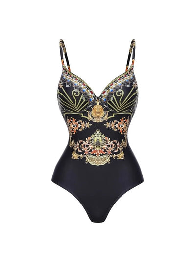 Black Gold Print Strappy One Piece Swimsuit