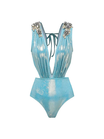 3D Butterfly Blue Glossy Swimsuit Set