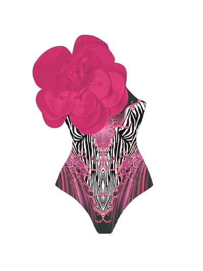 Magenta Floral Print 3D Flower Swimsuit