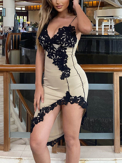 V Strap Lace Hip-Hugging Short Dress