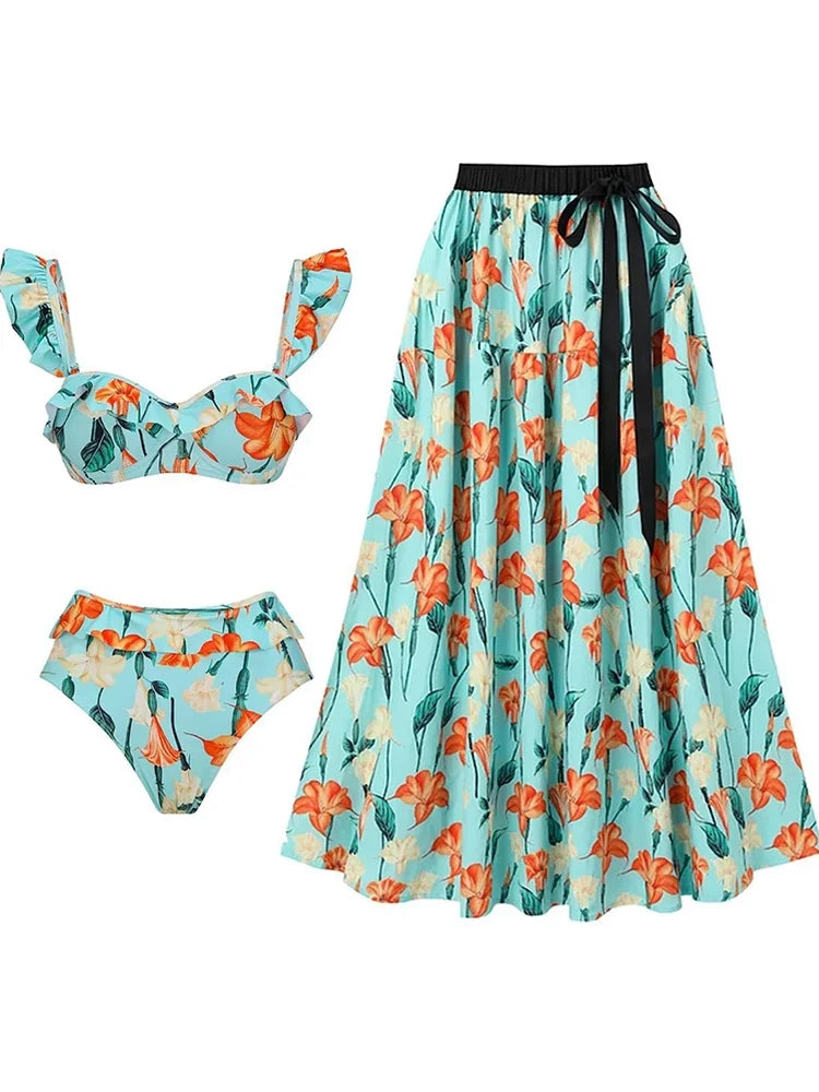 Ruffle Sleeve Trumpet Floral Bikini Set