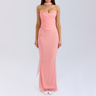 Pink Strapless Bodice and High Waist Skirt with Tie Set
