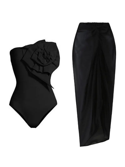 Strapless Floral One-Piece Swimsuit Set