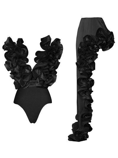 Ruffle V-Neck Black Swimsuit