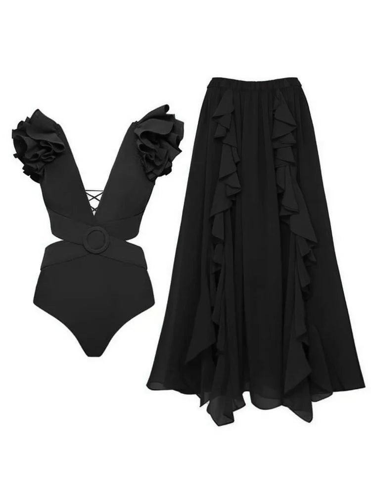 3D Floral Shoulder Detail Hollow Black Set
