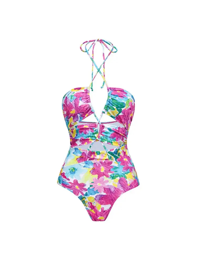 One Piece Print Cutout Swimsuit Set