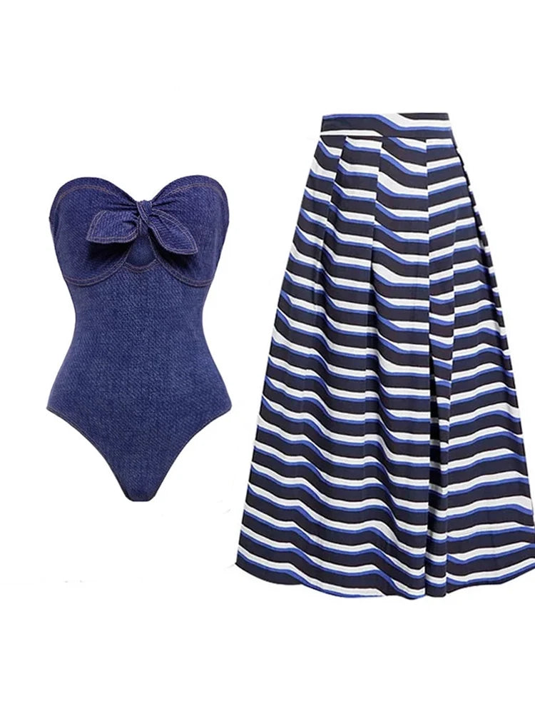 Denim Bandeau One Piece Swimsuit Set