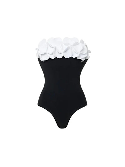 3D Floral Strapless Black Swimsuit