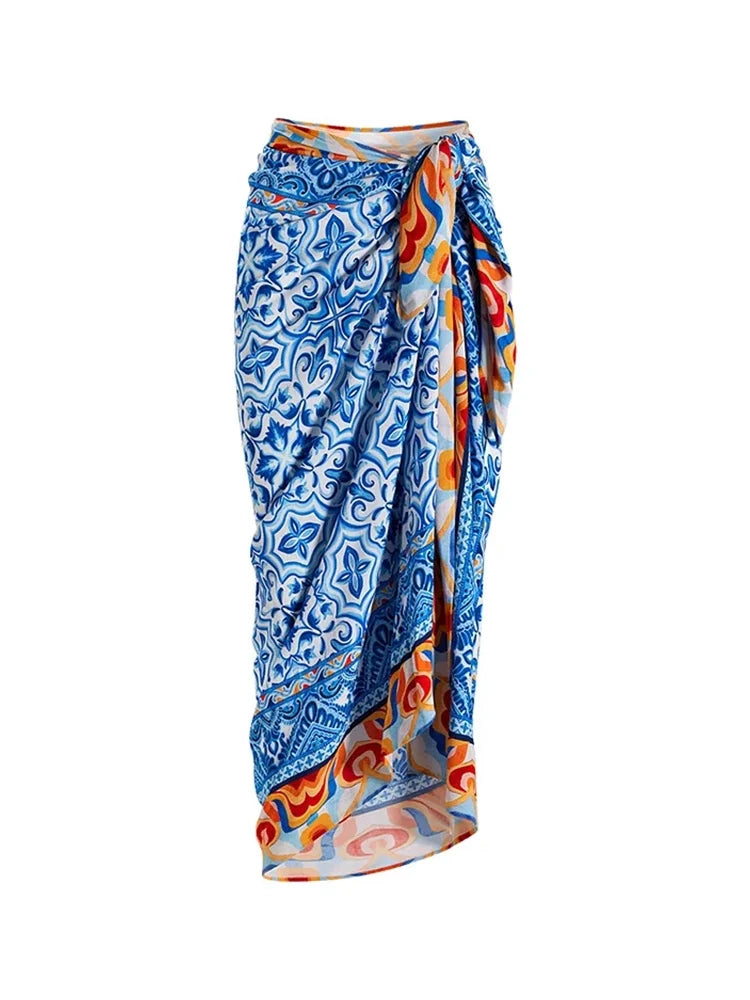 Blue Ethnic Print Swimsuit Set