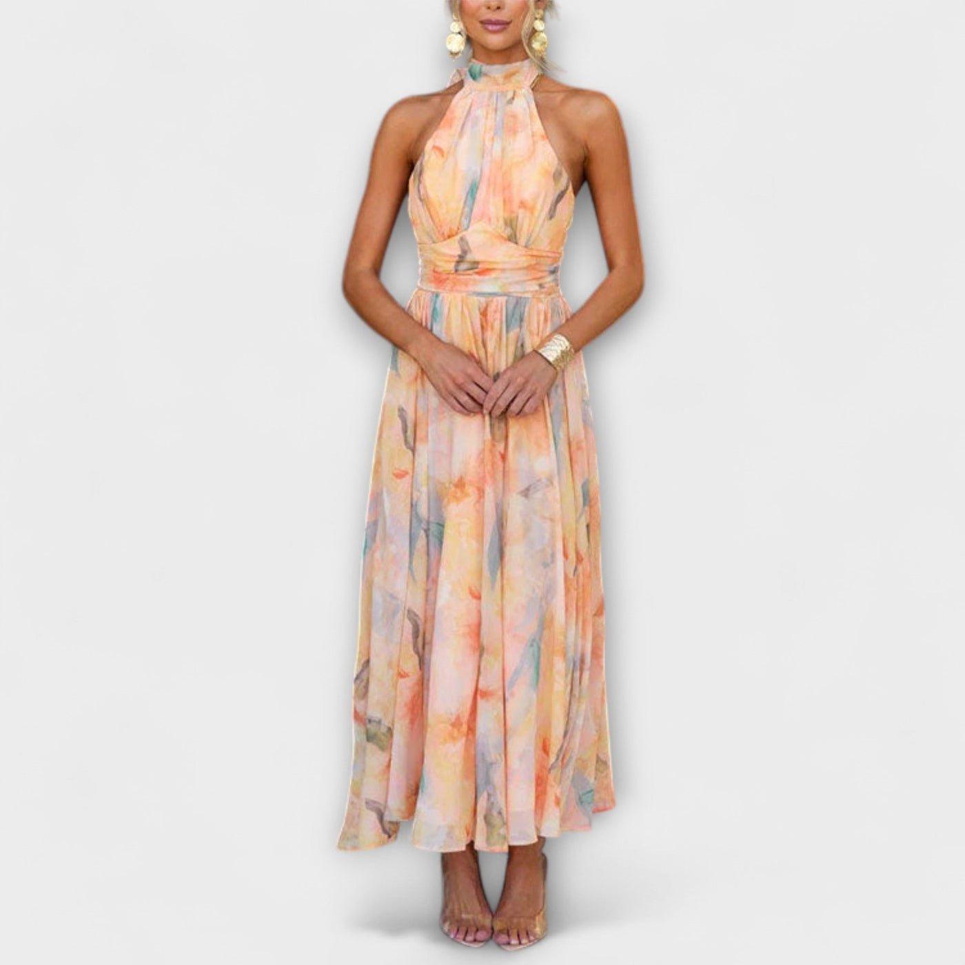 Robe Aquarelle Éthérée – Col Halter Pastel