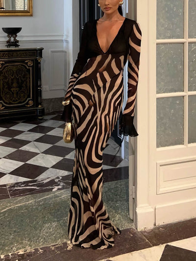 Elegant Night Chiffon Colorblock Animal Print Tie-up Long Sleeve Maxi Dress