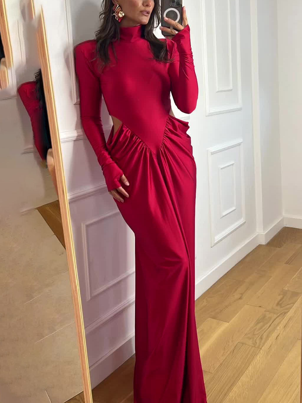 Elegant Hollow High-neck Slim Pleated Maxi Dress