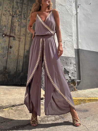 Unique Gold Trim Cross-Neck Elastic Waist Drawstring Slit Jumpsuit