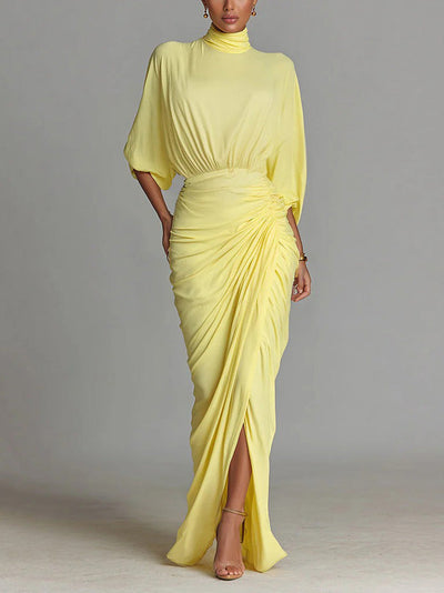 Elegant High-neck Half-sleeve Pleated Maxi Dress