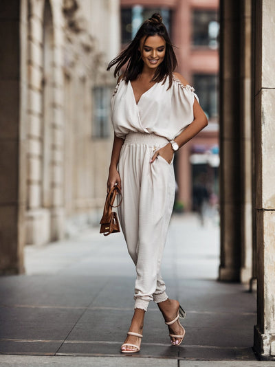 V Neck Cold Shoulder Pencil Pants Jumpsuit