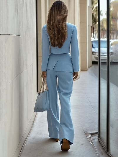 Baby Blue Cropped Blazer Wide-Leg Pants Set