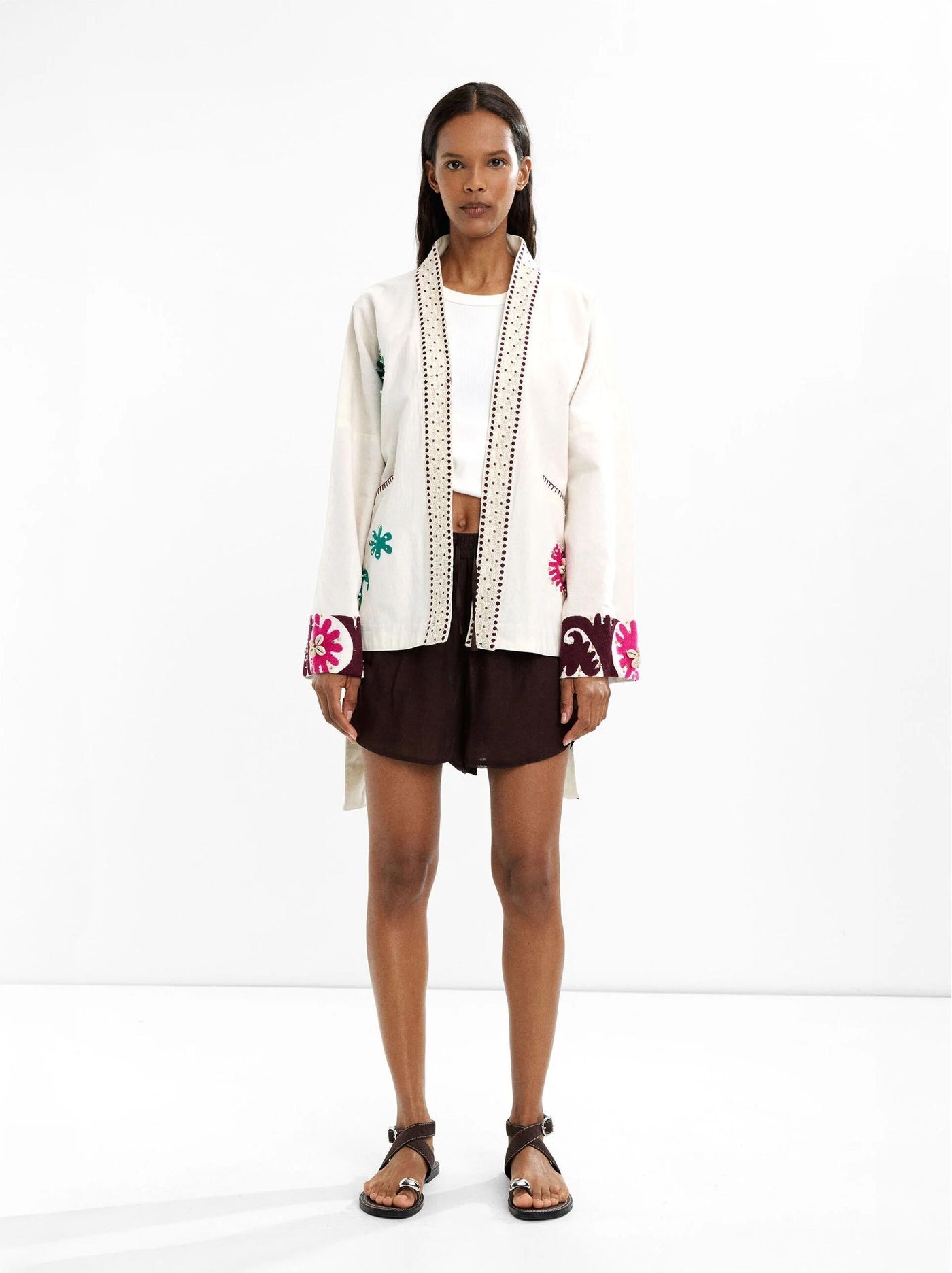 Embroidered Open-Front Coat