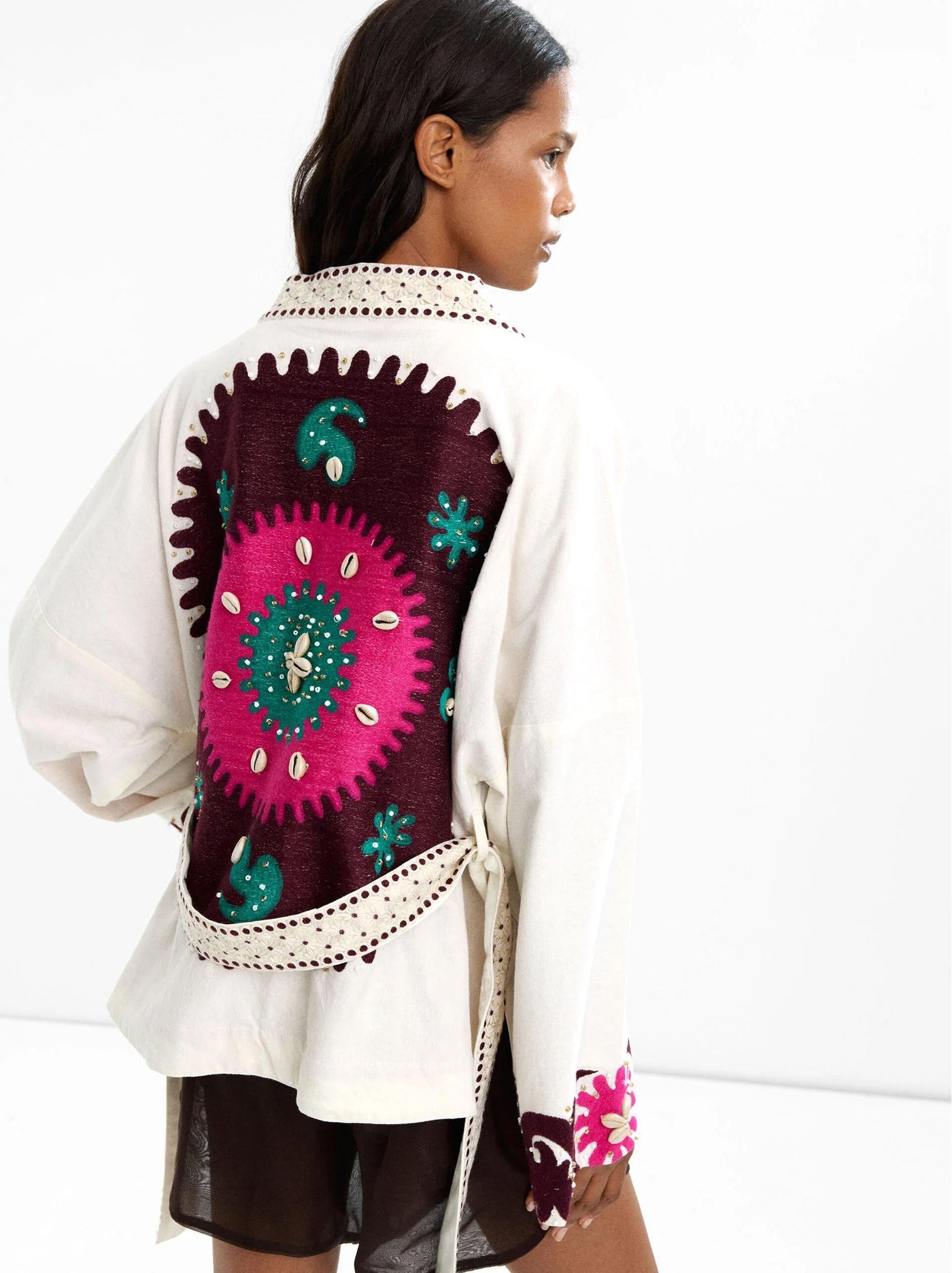 Embroidered Open-Front Coat