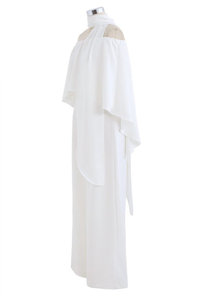 Off-Shoulder Flap Scarf Chiffon White Jumpsuit