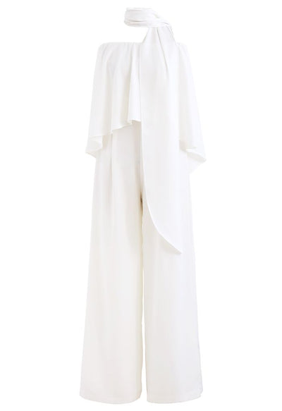 Off-Shoulder Flap Scarf Chiffon White Jumpsuit