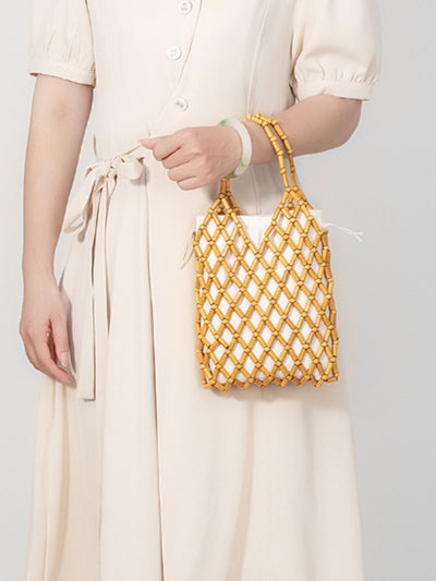 Hollow-Out Wooden Bead Woven Tote Bag