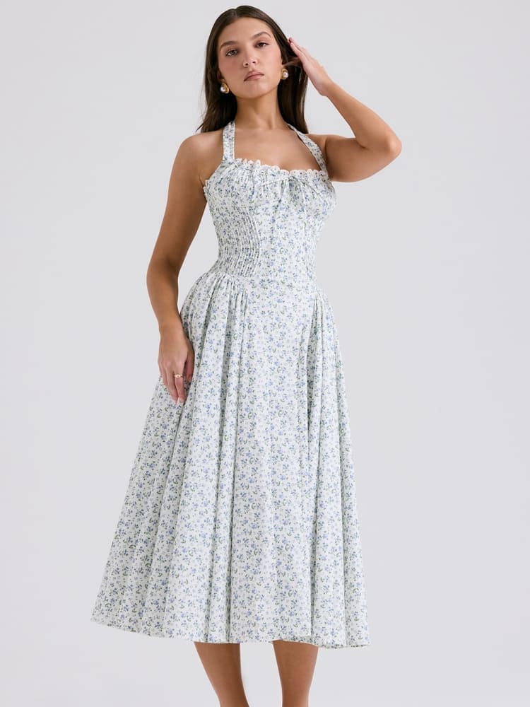 White Halter Backless Dress with Bluebell Floral Print
