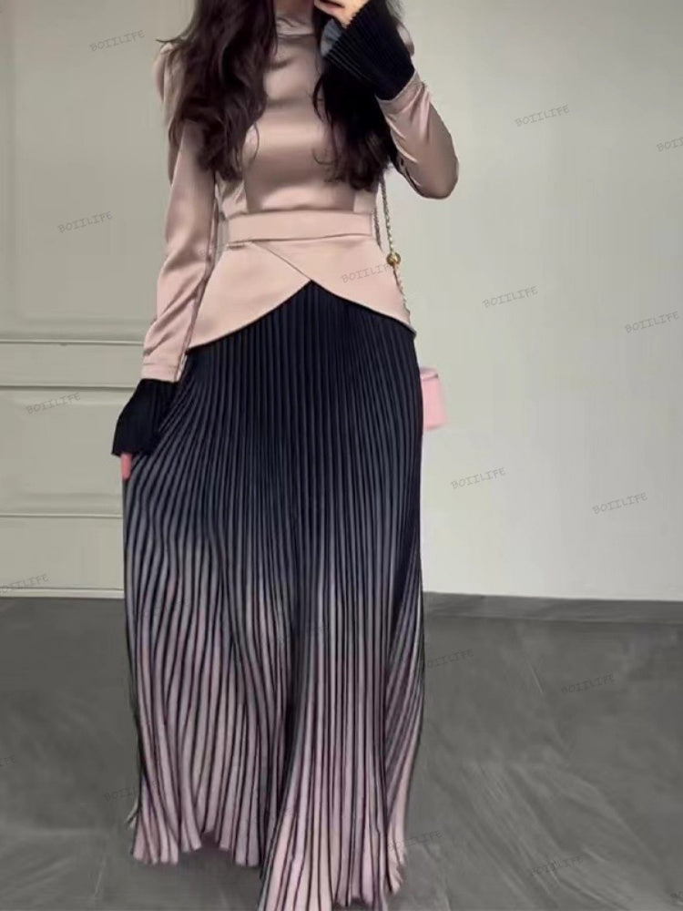 Color Block Splicing Slim Fit Lace-Up Long Sleeve Maxi Dress