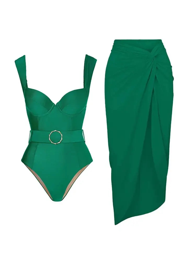 Elegant Green Backless Swimsuit Set