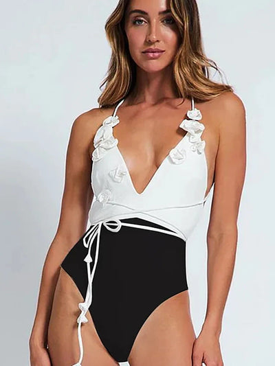 Halter Solid Color Floral Embellished Swimsuit