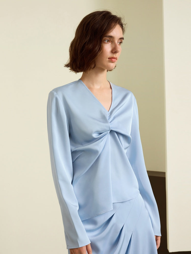 V-Neck Knot Blouse & Skirt Ensemble