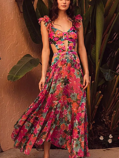 Print Cutout One Piece Swimsuit Set