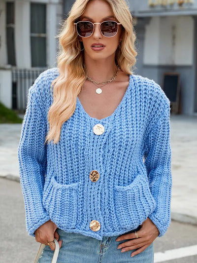 V-Neck Button-Up Knit Cardigan