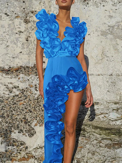 Lace V-Neck Blue Swimsuit