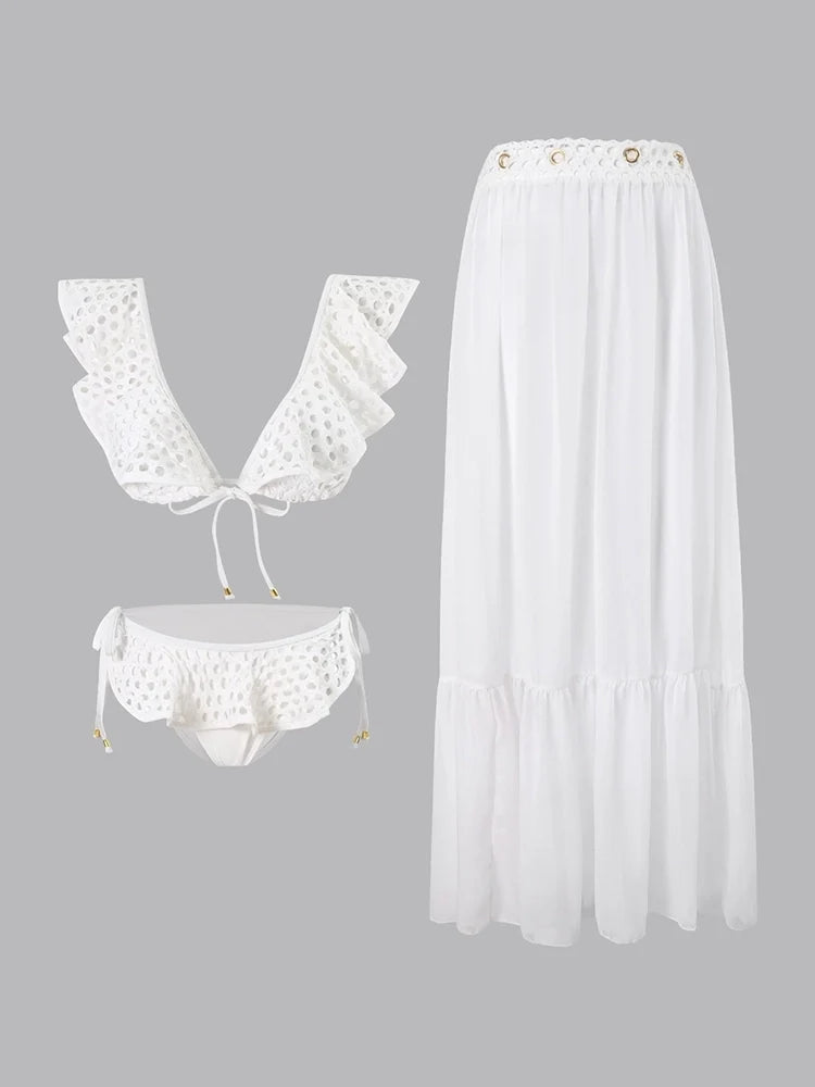 White Fishnet Ruffle Swimsuit Set