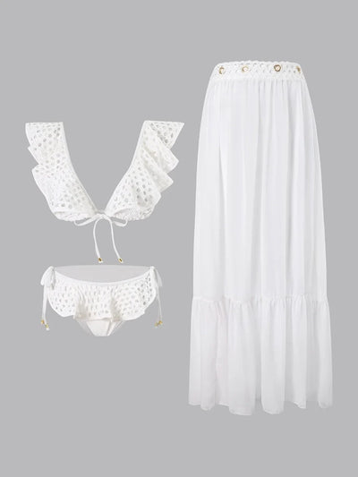 White Fishnet Ruffle Swimsuit Set