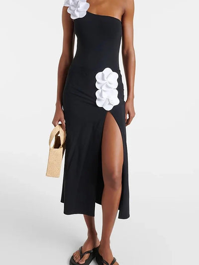 3D Floral One-Shoulder Black Swimsuit