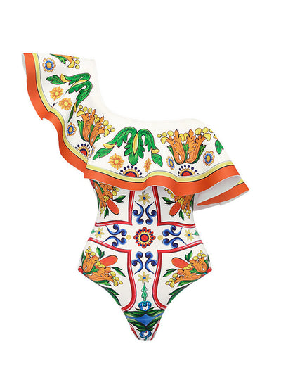 Ruffle Enamel Floral Bikini Swimsuit Set