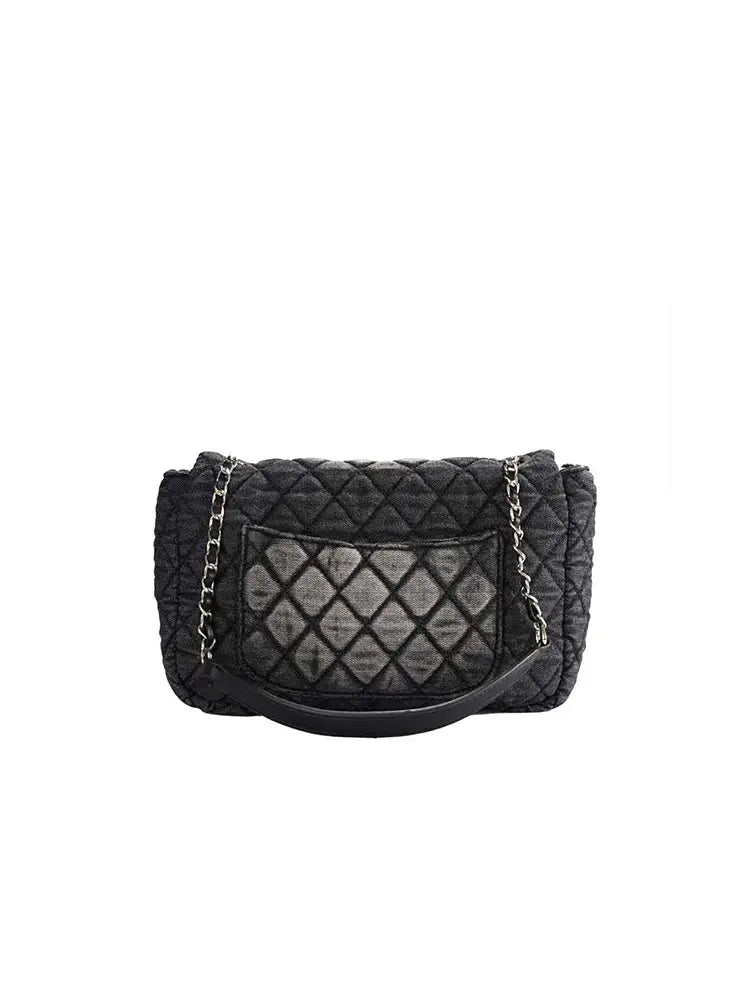Washed Denim Quilted Chain Crossbody Bag
