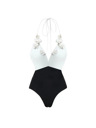 Halter Solid Color Floral Embellished Swimsuit