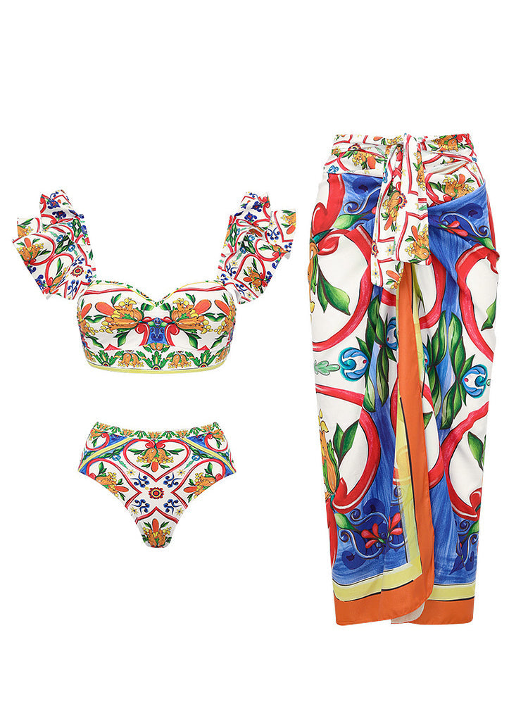 Ruffle Enamel Floral Bikini Swimsuit Set