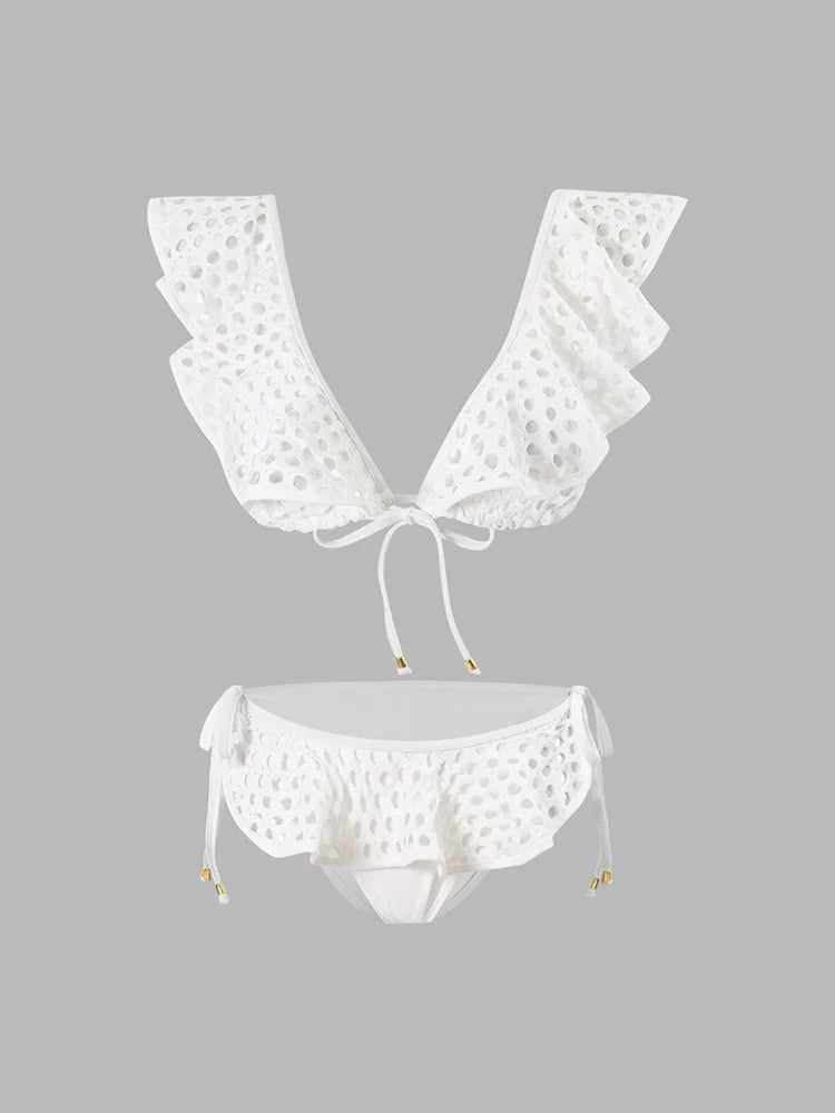 White Fishnet Ruffle Swimsuit Set