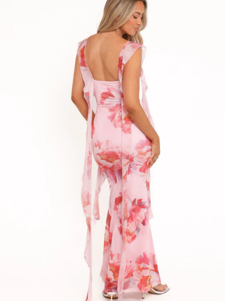 Floral Print Ribbon Laces Dress