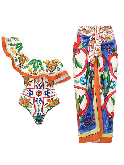 Ruffle Enamel Floral Bikini Swimsuit Set