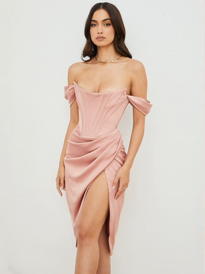 Cap Shoulder Corset Bodycon Midi Dress - Nude Pink