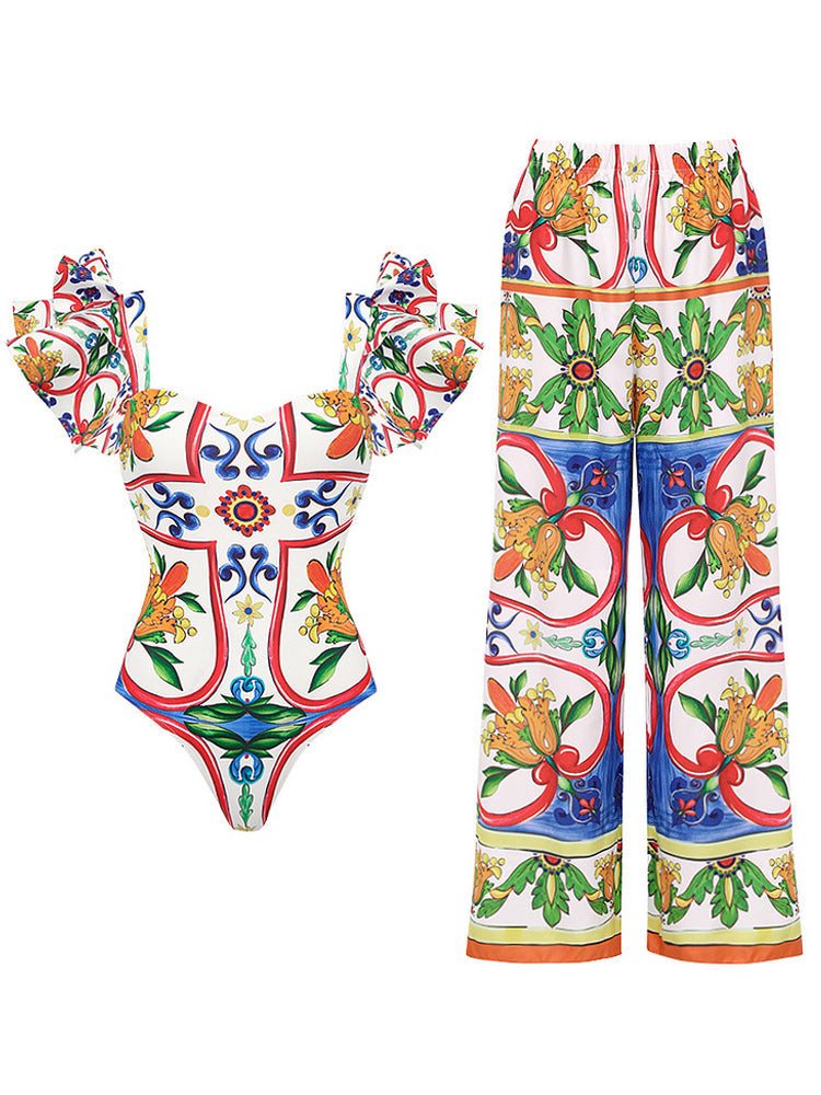 Ruffle Enamel Floral Bikini Swimsuit Set