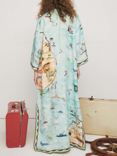Modern Satin Art Island Print Slit Maxi Dress