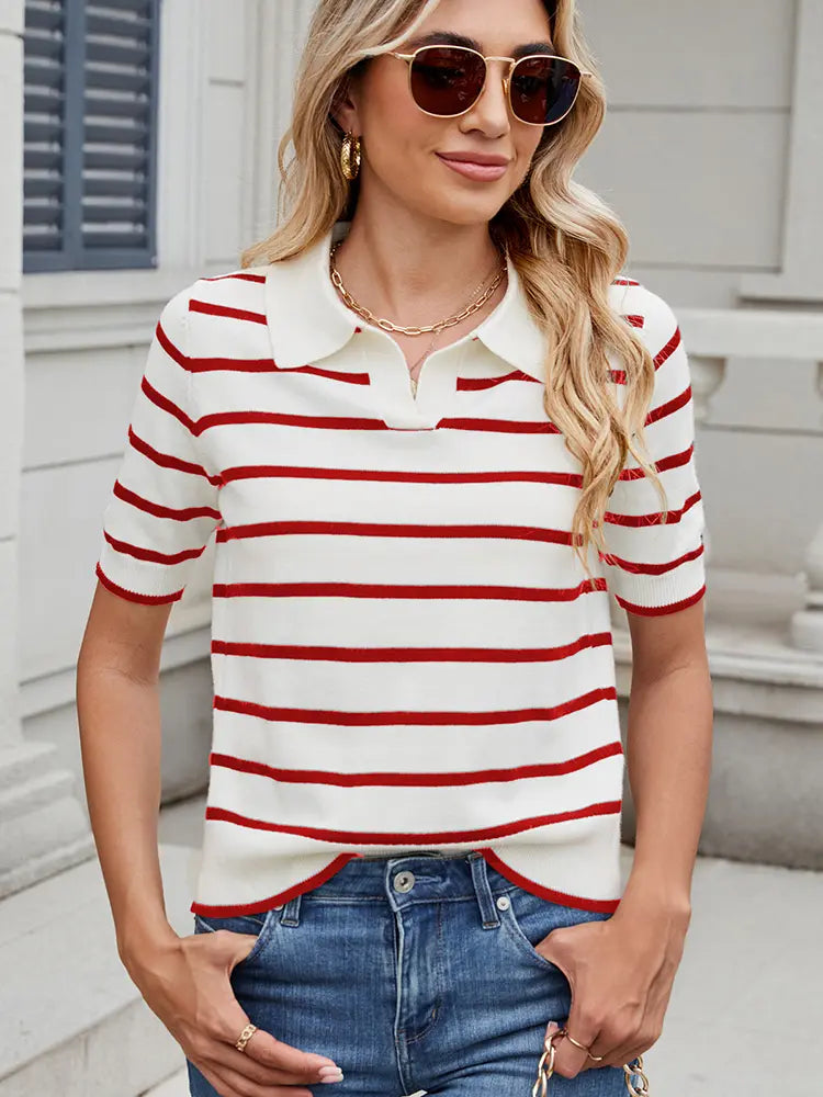 Striped Knit Polo Short-Sleeve Sweater